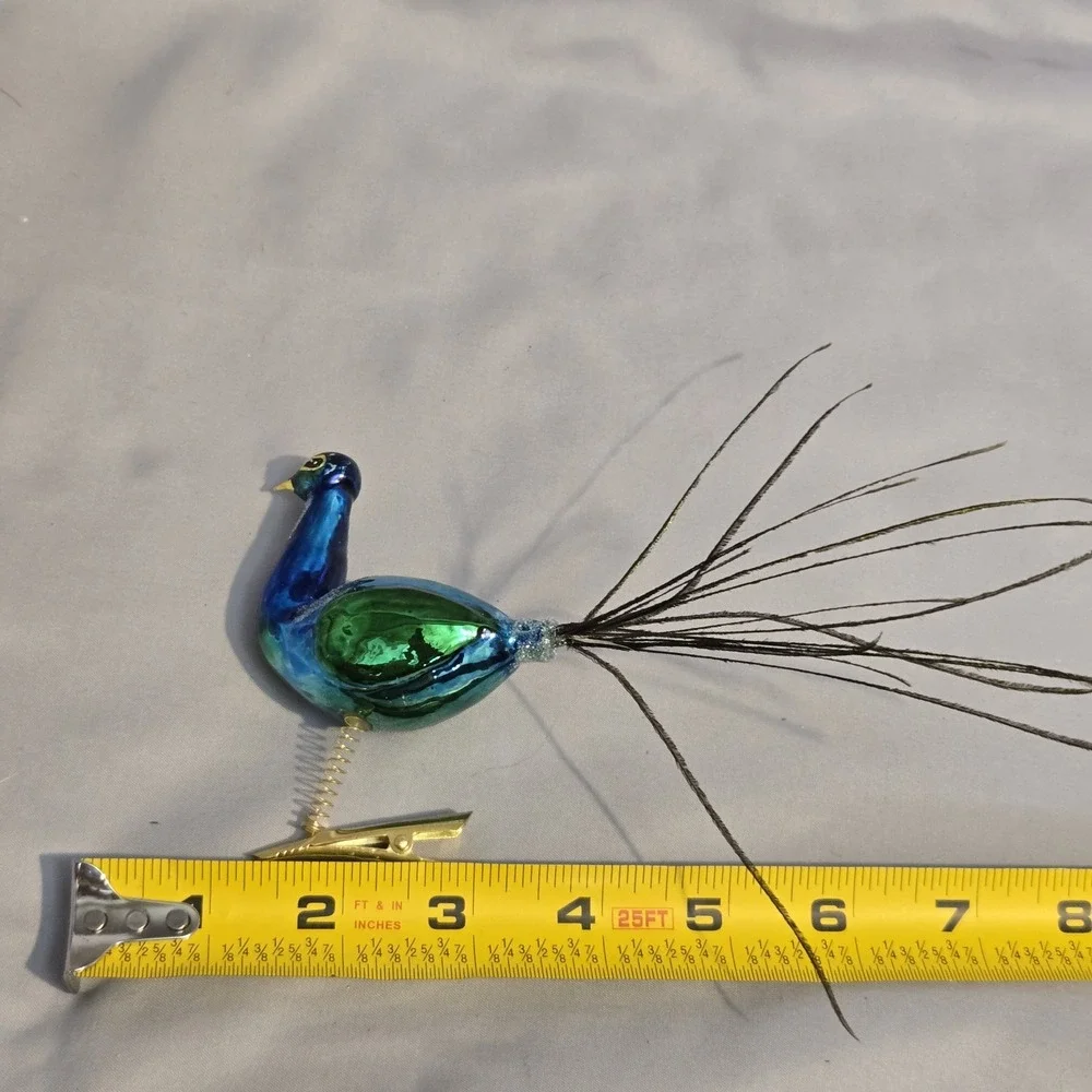 Glass Peacock Clip On Christmas Ornament Glitter Real Partial Tail Feather